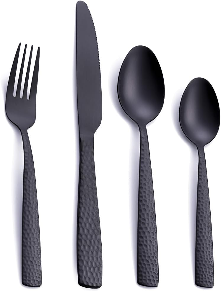 FULLYWARE Matte Black 24 Pcs Silverware Flatware Set of 6, Stainless Steel Hammered Tableware Cutlery Set, Includes Fork Spoon Knife for Home Kitchens, Dishwasher Safe - Image 1