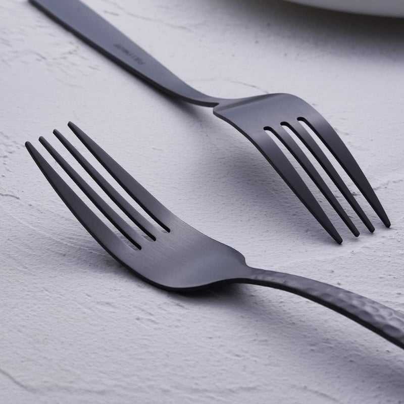 FULLYWARE Matte Black 24 Pcs Silverware Flatware Set of 6, Stainless Steel Hammered Tableware Cutlery Set, Includes Fork Spoon Knife for Home Kitchens, Dishwasher Safe - Image 5