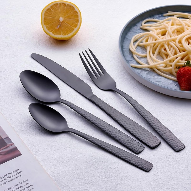FULLYWARE Matte Black 24 Pcs Silverware Flatware Set of 6, Stainless Steel Hammered Tableware Cutlery Set, Includes Fork Spoon Knife for Home Kitchens, Dishwasher Safe - Image 2