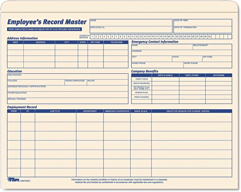 TOPS 3280 Employee Record Master File Jacket, 9 1/2 x 11 3/4, 10 Point Manila (Pack of 20) - Image 1