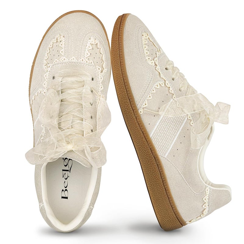 BeeLg Lace Detail Casual Sneakers for Women â€“ Elegant Ribbon Lace Fashion Sneakers with Sued Leather Upper Memory Foam Insole Trendy Casual Shoes for Daily Outfits Beige - Image 1