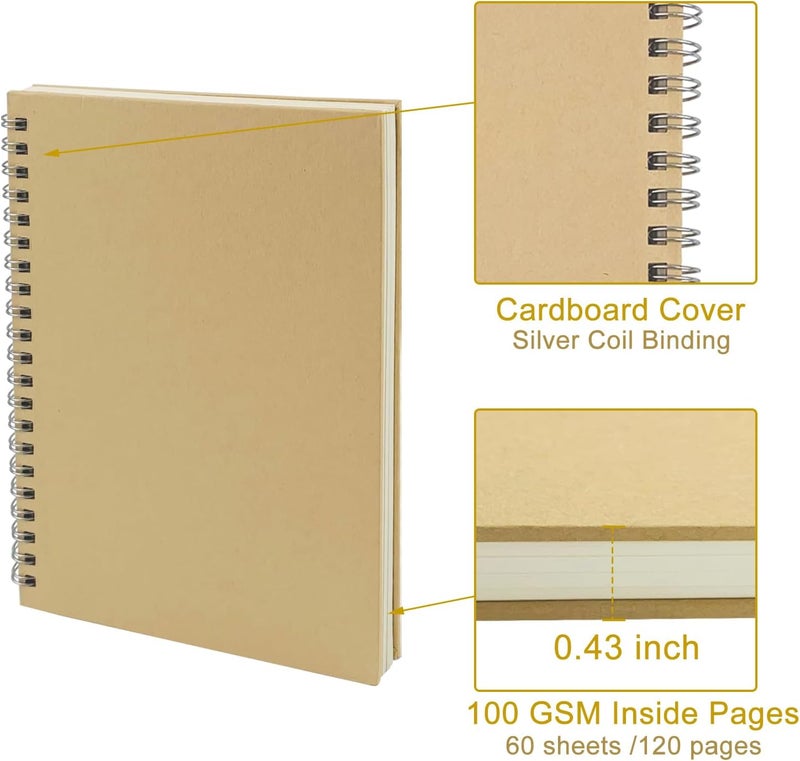 DSTELIN Sketch Coil Notebook Set 120 Pages 60 Sheets 2Pack with 1 Black and 1 Brown Hardcover 1150GSM Cardstock 75 x 51 Inches 100GSM Paper  - Image 2