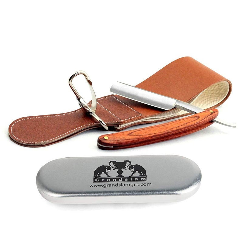 Grandslam Grandslam Pro Natural Wooden Handle 420 Stainless Steel Straight Razor with Premium Leather StropStraight Razor Shaving Kit for Men2 Layers Leather Canvas Strop Sharpening Strop Brown 