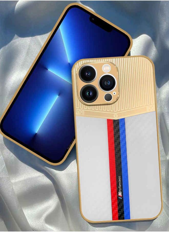 CATANES iPhone 13 Pro Max Luxury Gold Plated Case Hybrid Electroplated Frame Back Cover with Carbon Fiber Pattern  - Image 1