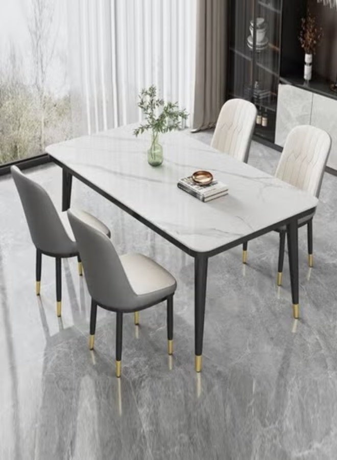 Modern Multipurpose Industrial Standard Rectangle Sintered Artificial Stone Rock Plate Tabletop Dining Table and 4 Concave Curve Chair Set for Kitchen Restroom 120 x 60 x 75 and 40 x 42 x 86 Centimeter