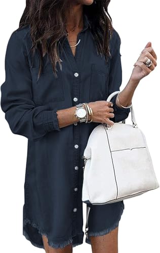 Zilcremo Women Denim Shirt Dresses Long Sleeve Distressed Jean Dress Button Down Casual Tunic Top Navy XL - Image 1