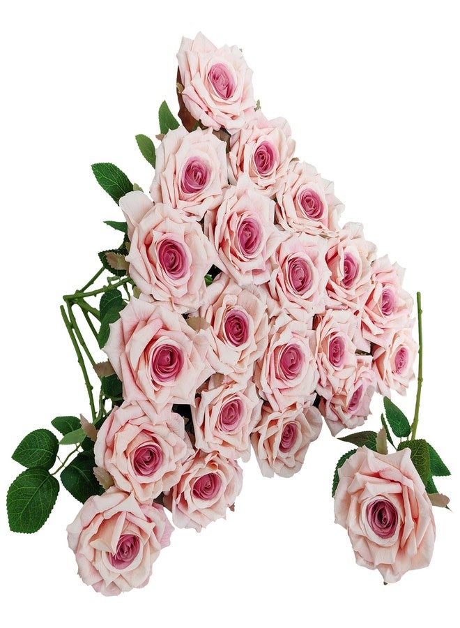 ATFL Fake Roses Artificial Flowers Bulk,3D Simulated Flowers,20 Pcs Artificial Silk Roses Flowers with Stems for Wedding Arrangement Centerpieces Party Home Table Decorations (20, Light Pink) - Image 1