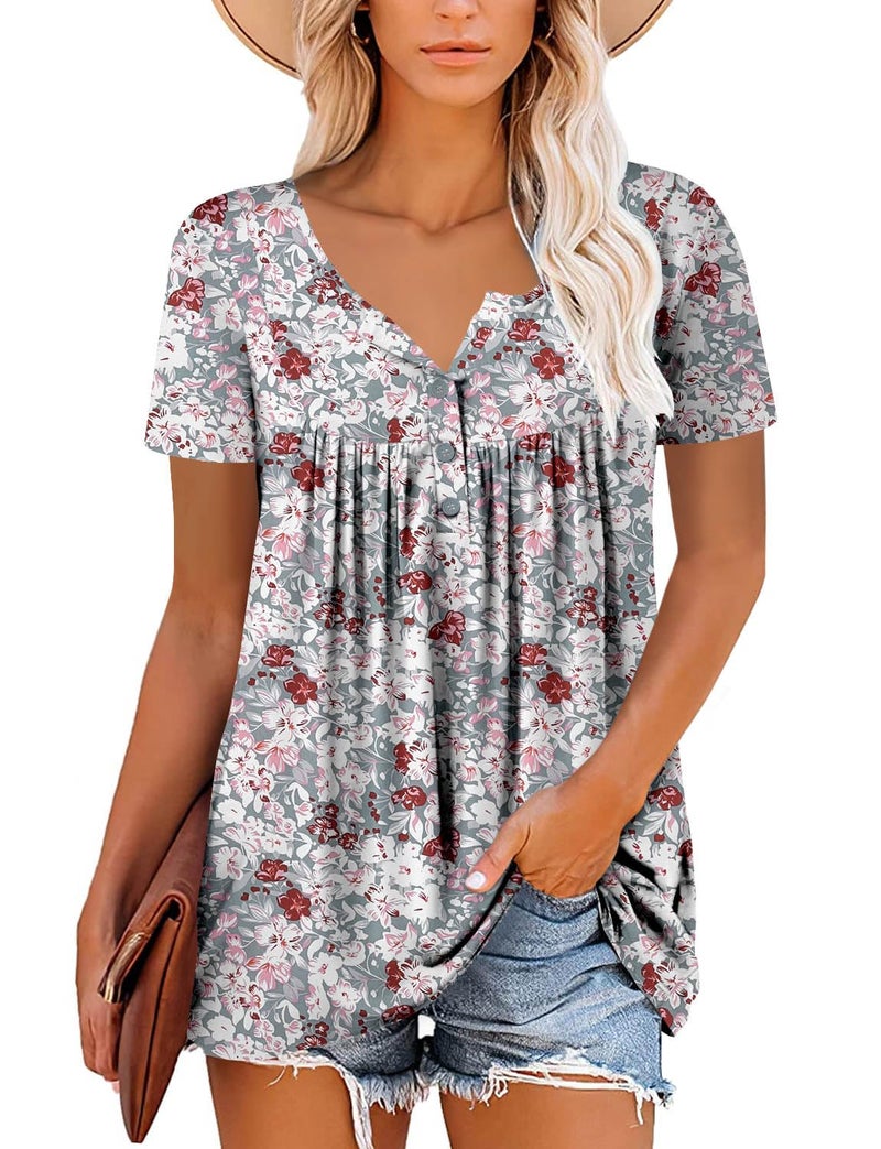 ROSELINLIN Women Tops Summer Short Sleeve Shirts Gray Pink Flower Blouse V Neck Pull Over Tunic Top XL - Image 2