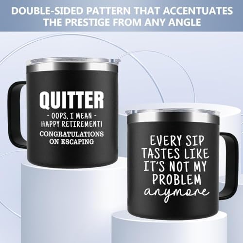 CUPLOOV Funny Retirement Gifts For Men - Quitter I Mean Happy Retirement Coffee Mug with Handle, 14oz Retired Cup Mug Xmas Gifts for Coworker Leaving,Teachers,Doctors, Boss,Friends,Dad Black - Image 5