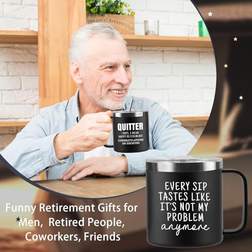 CUPLOOV Funny Retirement Gifts For Men - Quitter I Mean Happy Retirement Coffee Mug with Handle, 14oz Retired Cup Mug Xmas Gifts for Coworker Leaving,Teachers,Doctors, Boss,Friends,Dad Black - Image 2