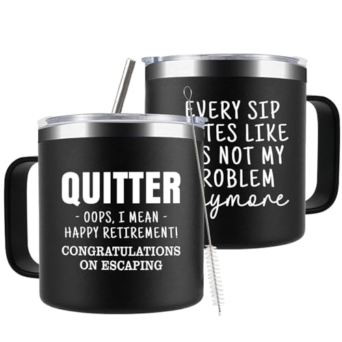 CUPLOOV Funny Retirement Gifts For Men - Quitter I Mean Happy Retirement Coffee Mug with Handle, 14oz Retired Cup Mug Xmas Gifts for Coworker Leaving,Teachers,Doctors, Boss,Friends,Dad Black - Image 1