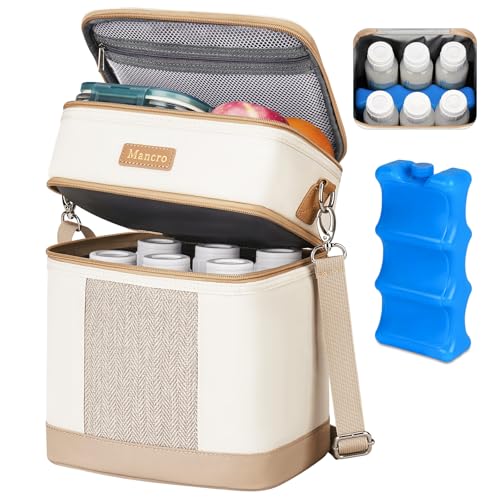 Mancro Breastmilk Cooler Bag with Ice Pack, Double Layer Insulated Baby Bottles Bag Fits 6 Bottles Up to 9 Ounces, Portable Breast Pump Cooler Travel Bag for Daycare and Nursing Moms, Beige - Image 1