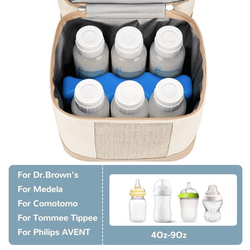 Mancro Breastmilk Cooler Bag with Ice Pack, Double Layer Insulated Baby Bottles Bag Fits 6 Bottles Up to 9 Ounces, Portable Breast Pump Cooler Travel Bag for Daycare and Nursing Moms, Beige - Image 5