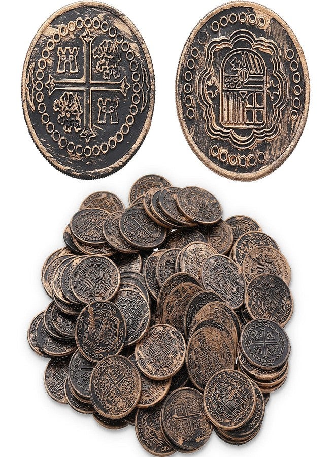 Dingion 100 Pcs Plastic Gold Coins Set Pirate Coins Fake Toy Tokens Treasure Coins Reward Gifts Replica Spanish Doubloons for Board Games Pirate Treasure Chest Party Favors (Bronze) - Image 1