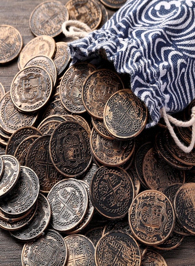 Dingion 100 Pcs Plastic Gold Coins Set Pirate Coins Fake Toy Tokens Treasure Coins Reward Gifts Replica Spanish Doubloons for Board Games Pirate Treasure Chest Party Favors (Bronze) - Image 2
