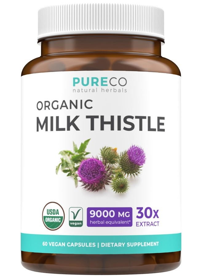 PURE CO Organic Milk Thistle Extract (80% Silymarin) Super Concentrate for 9,000mg of Thistle Seed Power Milk - Vegan - 60 Capsules (Pills) - Image 1