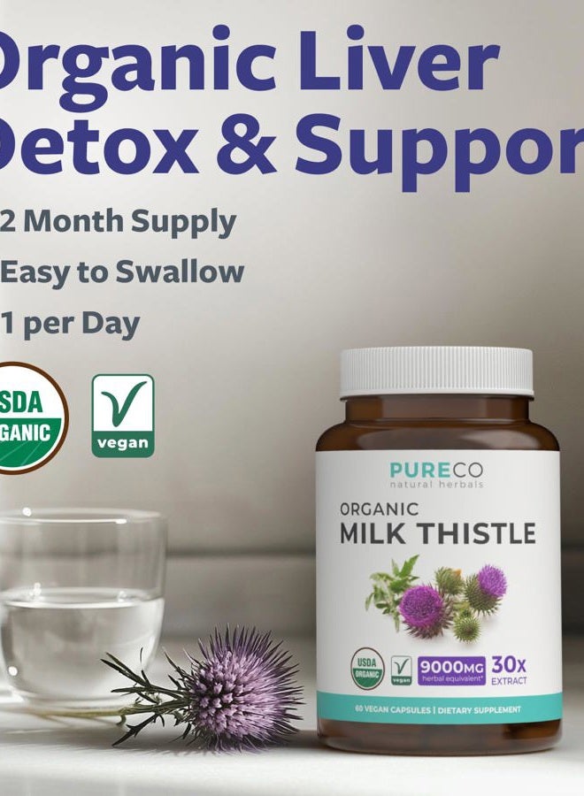 PURE CO Organic Milk Thistle Extract (80% Silymarin) Super Concentrate for 9,000mg of Thistle Seed Power Milk - Vegan - 60 Capsules (Pills) - Image 2