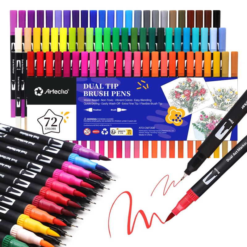 Artecho 72 Colors Markers for Adult Coloring Books, Dual Tip Markers for School, Fine and Brush Tip for Adults Coloring Books, Calligraphy, Drawing, Sketching - Image 1