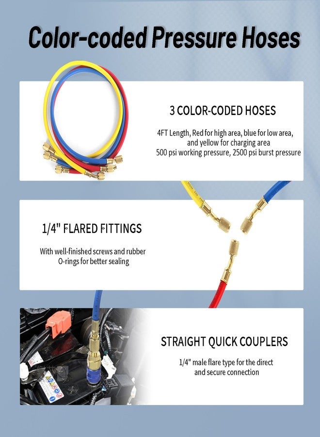 PB Motor Tech BMT PB Motor Tech AC Diagnostic Manifold Gauge Set for R134A, R12, R22, R502 Refrigerants, Includes 4FT Three-Color Hoses and 2 Quick Couplers - Automotive & Household AC Maintenance - Image 4