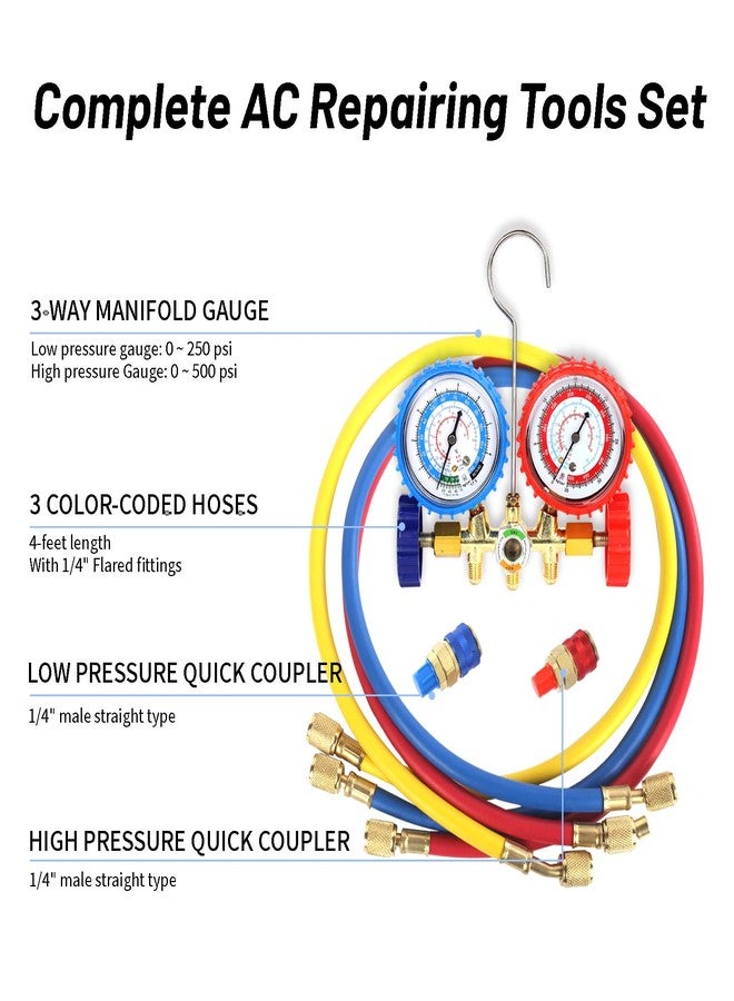 PB Motor Tech BMT PB Motor Tech AC Diagnostic Manifold Gauge Set for R134A, R12, R22, R502 Refrigerants, Includes 4FT Three-Color Hoses and 2 Quick Couplers - Automotive & Household AC Maintenance - Image 2