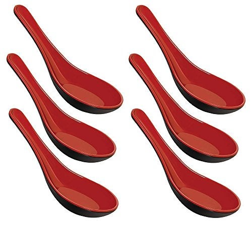 Happy Sales Melamine Soba, Rice Spoons, Chinese Won Ton Soup Spoon, Asian Red and Black, 6 Pack Plain Style - Image 4