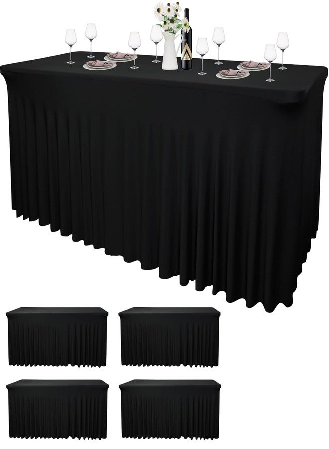 Yoquare 48''L x 24''W x 30''H Black Spandex Fitted Table Skirt | 4 Piece 4 Foot Stretch Table Cloth with Skirt for Trade Show, Banquet, Restaurant, Party, Events - Easy Care - Image 1