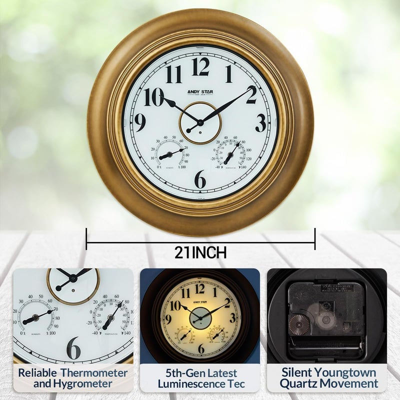ANDY STAR 21 Inch Outdoor Clocks Waterproof, Large Outdoor Wall Clocks for Patio with Thermometer, Weatherproof Illuminated Clock Battery Operated with Thermometer&Hygrometer, Gold Metal Finish - Image 5