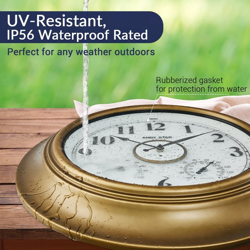 ANDY STAR 21 Inch Outdoor Clocks Waterproof, Large Outdoor Wall Clocks for Patio with Thermometer, Weatherproof Illuminated Clock Battery Operated with Thermometer&Hygrometer, Gold Metal Finish - Image 4