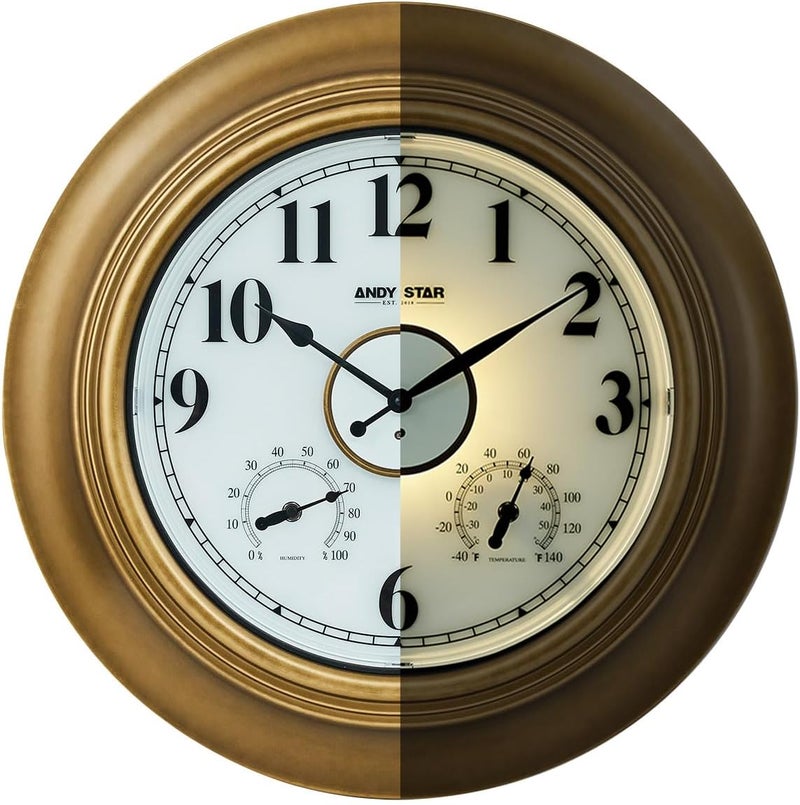 ANDY STAR 21 Inch Outdoor Clocks Waterproof, Large Outdoor Wall Clocks for Patio with Thermometer, Weatherproof Illuminated Clock Battery Operated with Thermometer&Hygrometer, Gold Metal Finish - Image 1