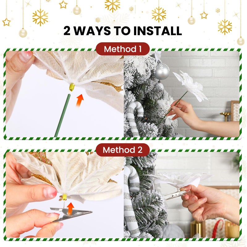 Alupssuc Alupssuc 20 Pcs 6'' White Glitter Poinsettia Artificial Christmas Flowers with Clips Artificial Flowers for Home Xmas Tree Ornaments Wreath Garland Decoration Wedding Party Decor White  - Image 3