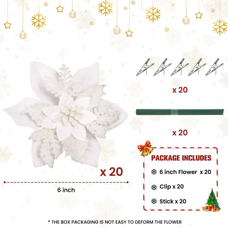 Alupssuc Alupssuc 20 Pcs 6'' White Glitter Poinsettia Artificial Christmas Flowers with Clips Artificial Flowers for Home Xmas Tree Ornaments Wreath Garland Decoration Wedding Party Decor White  - Image 2