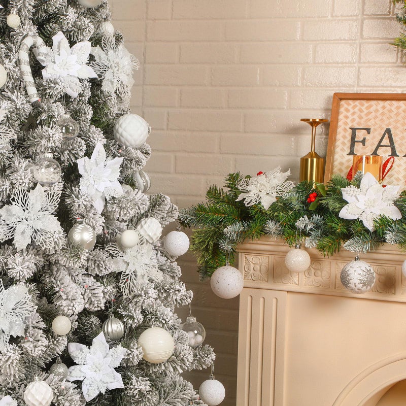Alupssuc Alupssuc 20 Pcs 6'' White Glitter Poinsettia Artificial Christmas Flowers with Clips Artificial Flowers for Home Xmas Tree Ornaments Wreath Garland Decoration Wedding Party Decor White  - Image 4