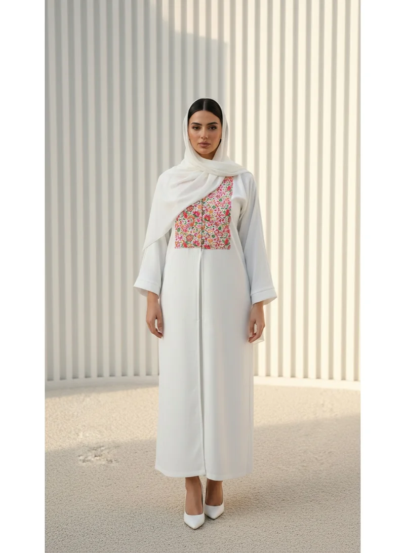 Moistreet Pristine White  Abaya featuring Vibrant Floral Lace With Headscarf