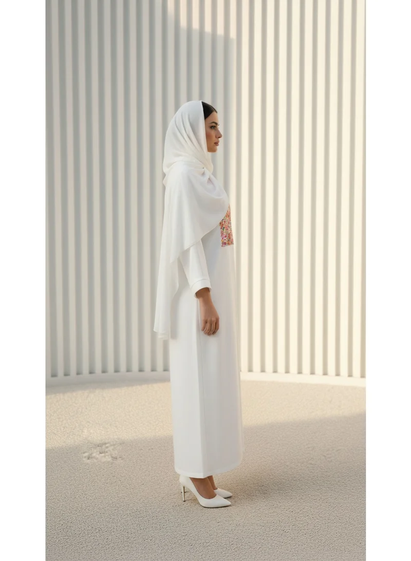Moistreet Pristine White  Abaya featuring Vibrant Floral Lace With Headscarf