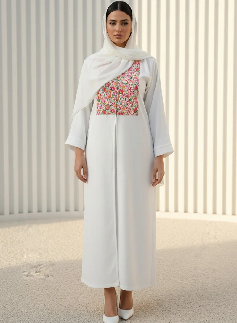 Moistreet Pristine White  Abaya featuring Vibrant Floral Lace With Headscarf