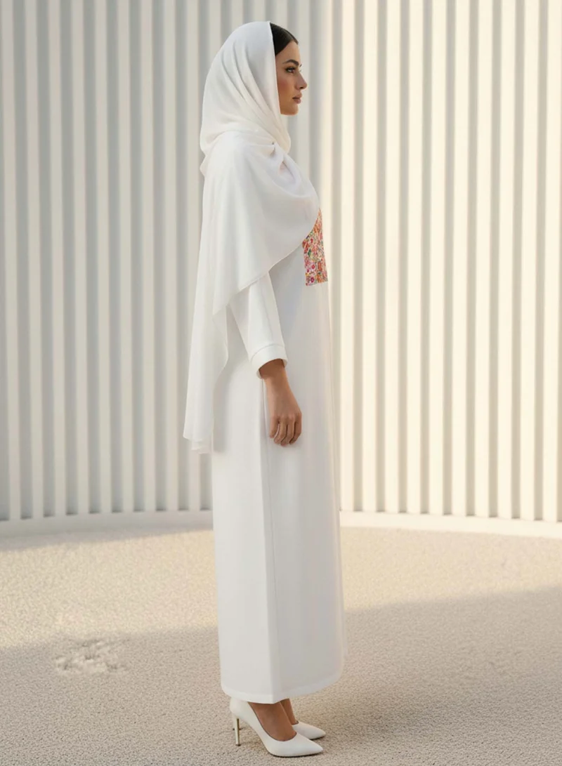 Moistreet Pristine White  Abaya featuring Vibrant Floral Lace With Headscarf