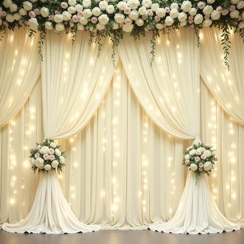 PARTISKY Beige Backdrop Curtains with Lights String for Parties,10x10FT Wrinkle Free Polyester Wedding Photo Backdrop Curtains for Baby Shower Birthday Ceremony Reception Home Party Decorations - Image 1