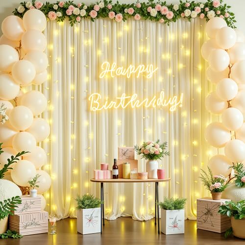 PARTISKY Beige Backdrop Curtains with Lights String for Parties,10x10FT Wrinkle Free Polyester Wedding Photo Backdrop Curtains for Baby Shower Birthday Ceremony Reception Home Party Decorations - Image 4