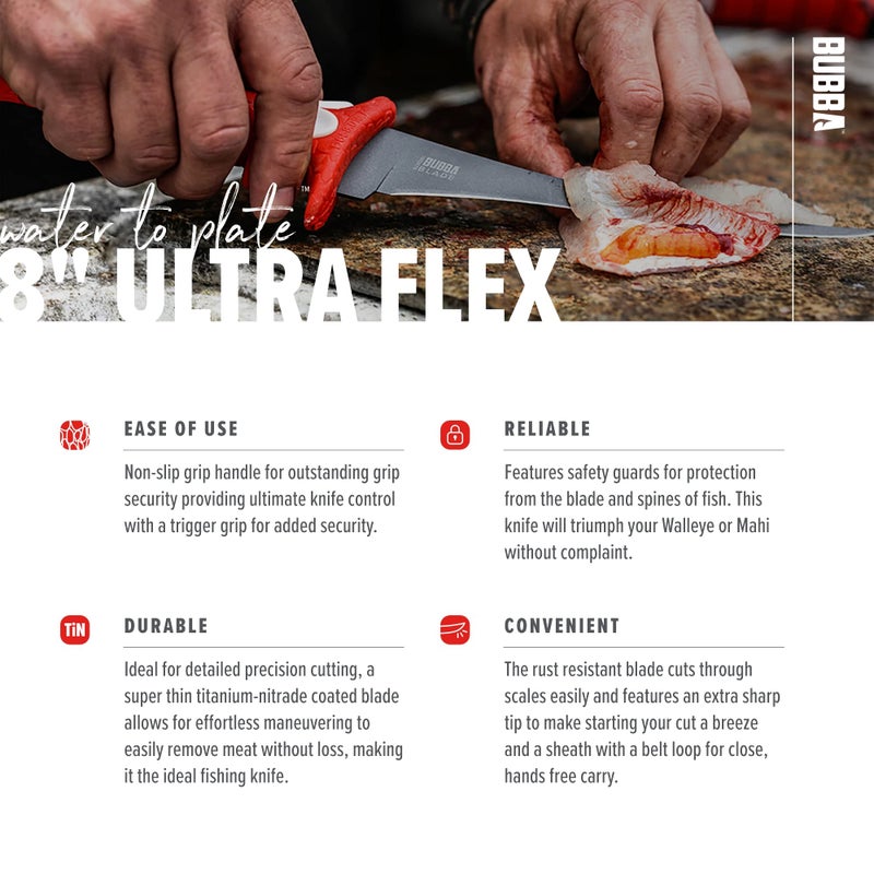 BUBBA 8 Inch Ultra Flex Tapered with Non-Slip Handle, Full Tang Stainless Steel Non-Stick Blade, Lanyard Hole and Synthetic Sheath for Fishing, Boating and Hunting - Image 5