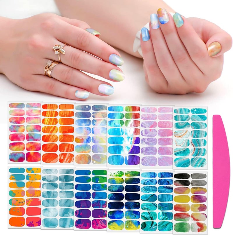 شرائط طلاء الأظافر SILPECWEE 12 ورقة للنساء ملصقات أظافر قوس قزح تغليف كامل للأظافر ملصقات طلاء أظافر لاصقة ذاتيًا مع 1 قطعة من مبرد الأظافر