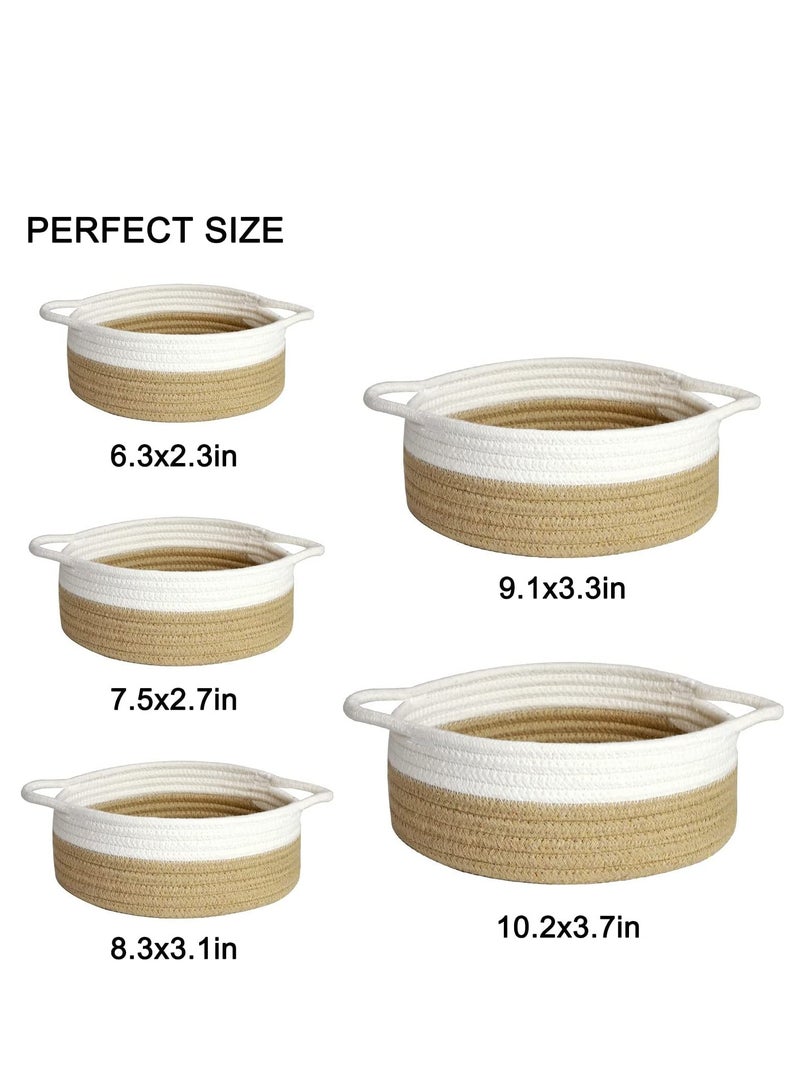 5 Piece Round Small Woven Baskets Set Cotton Rope Baskets For Organizing Fruits Remotes Key Tray Bowl for Entryway Desk Shallow Home Decor Cat Dog Gift  - Image 2