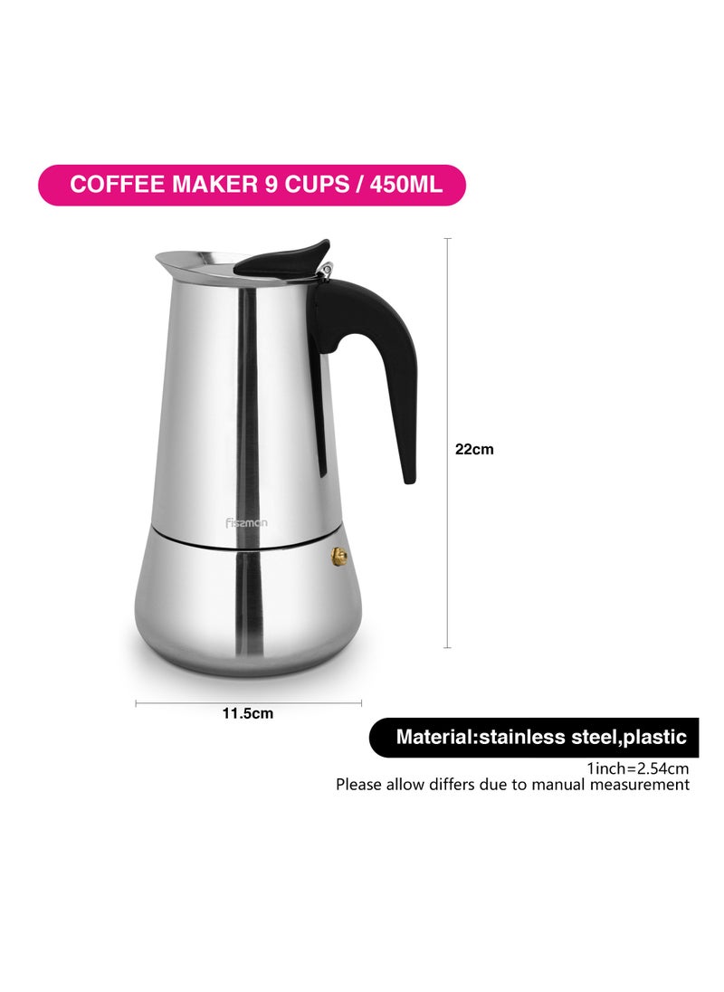 Fissman Coffee Maker, Moka Pot 450mL,  Espresso Maker Stovetop for 9-Cups, Stainless Steel Moka Stovetop Espresso Maker, Induction Bottom Compatible for all Cooktops  - Image 4