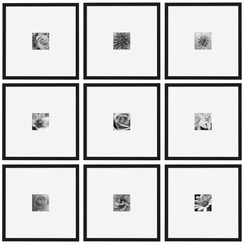 eletecpro 16x16 Picture Frames Set of 9, Classic Gallery Wall Frame Set for 4x4 Photos with Mat or 16x16 without Mat, Large Picture Frame for Art Prints, Black Poster Frames for Home Decor Wall - Image 1