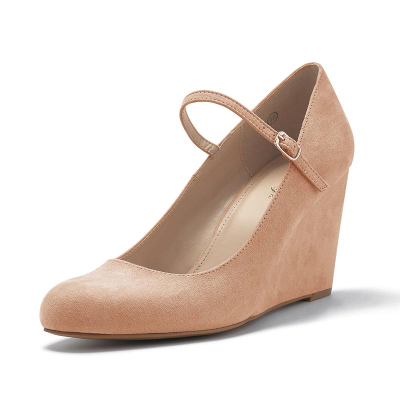 Coutgo Womens Wedge Shoes Closed Toe Mary Jane Pumps Ankle Strap High Heels Comfortable Office Wedding Dress Shoes, Khaki, Size 6.5 - Image 1