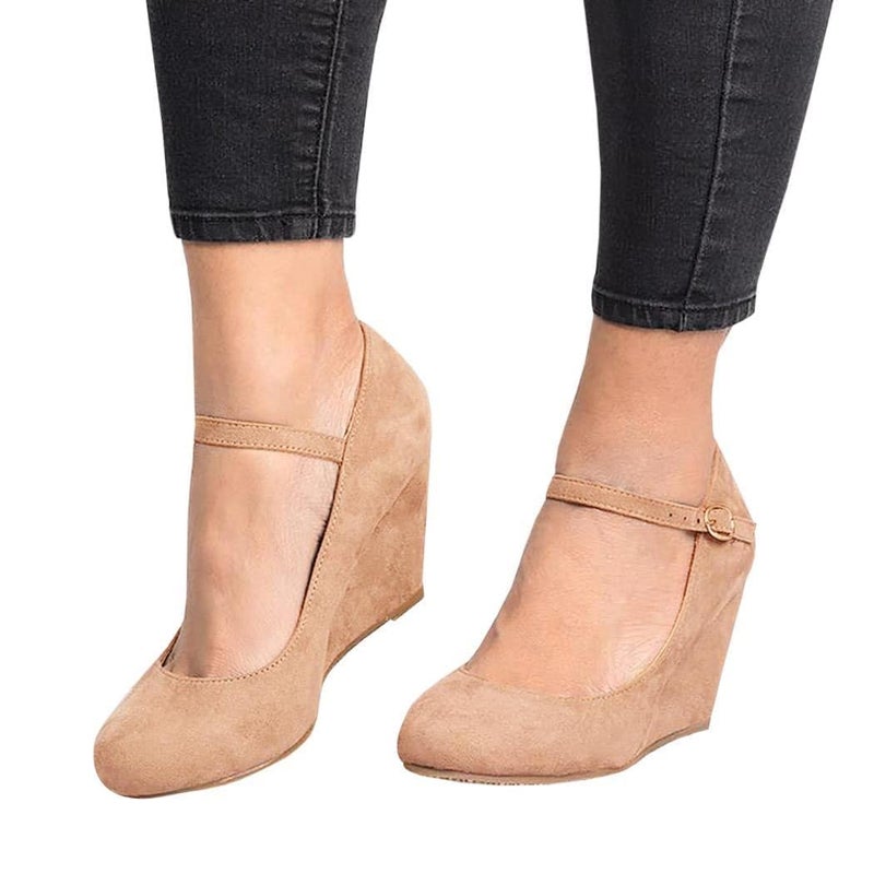 Coutgo Womens Wedge Shoes Closed Toe Mary Jane Pumps Ankle Strap High Heels Comfortable Office Wedding Dress Shoes, Khaki, Size 6.5 - Image 3