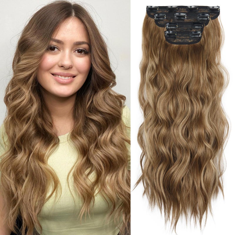 LEEONS Reddish Brown Mixed Light Brown Curly Wavy Hair Extensions 20 Inch Long Hair Extensions for Women Daily Use(Reddish Brown Mixed Light Brown) - Image 1
