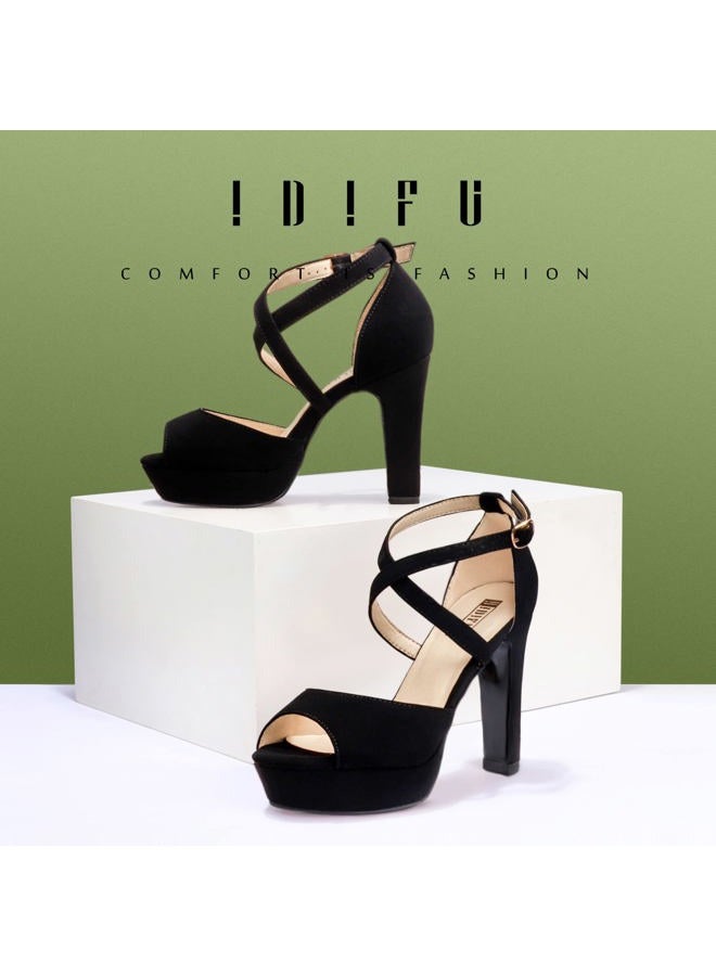 IDIFU Women's Platform Chunky High Heels Dress Sandals Peep Toe Ankle Strap Wedding Party Evening Shoes for Women Bride, K Black Nubuck, 7.5 - Image 2