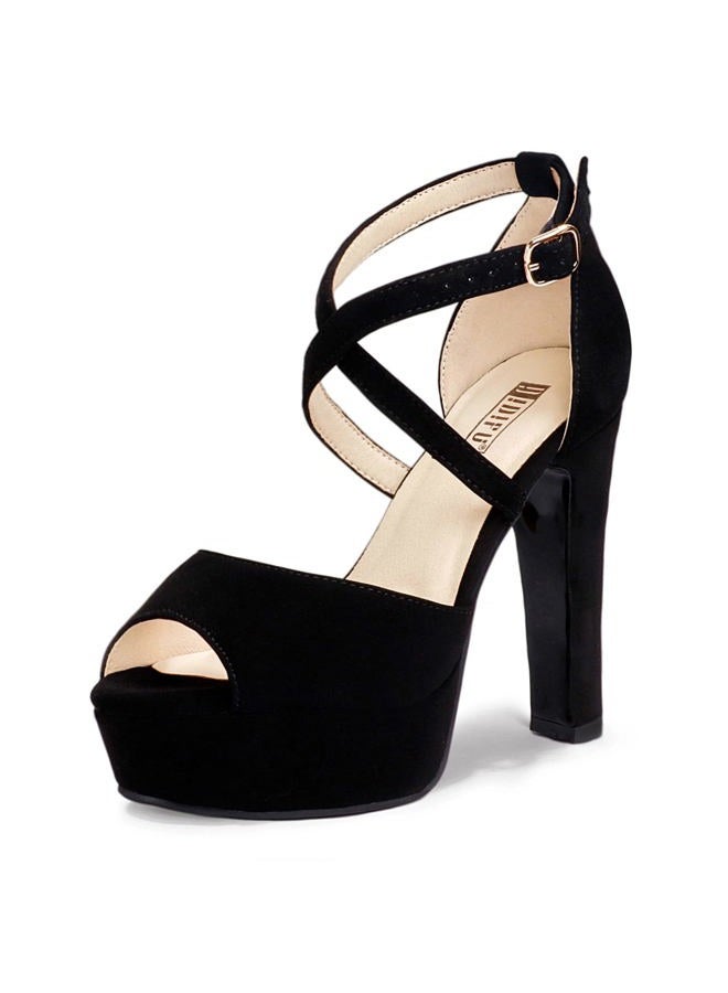 IDIFU Women's Platform Chunky High Heels Dress Sandals Peep Toe Ankle Strap Wedding Party Evening Shoes for Women Bride, K Black Nubuck, 7.5 - Image 1