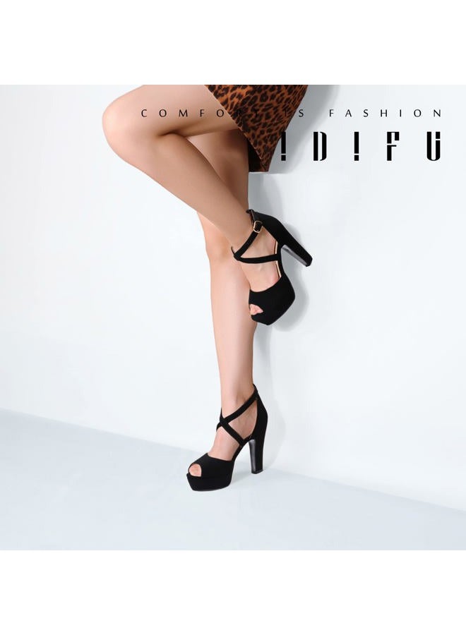 IDIFU Women's Platform Chunky High Heels Dress Sandals Peep Toe Ankle Strap Wedding Party Evening Shoes for Women Bride, K Black Nubuck, 7.5 - Image 5