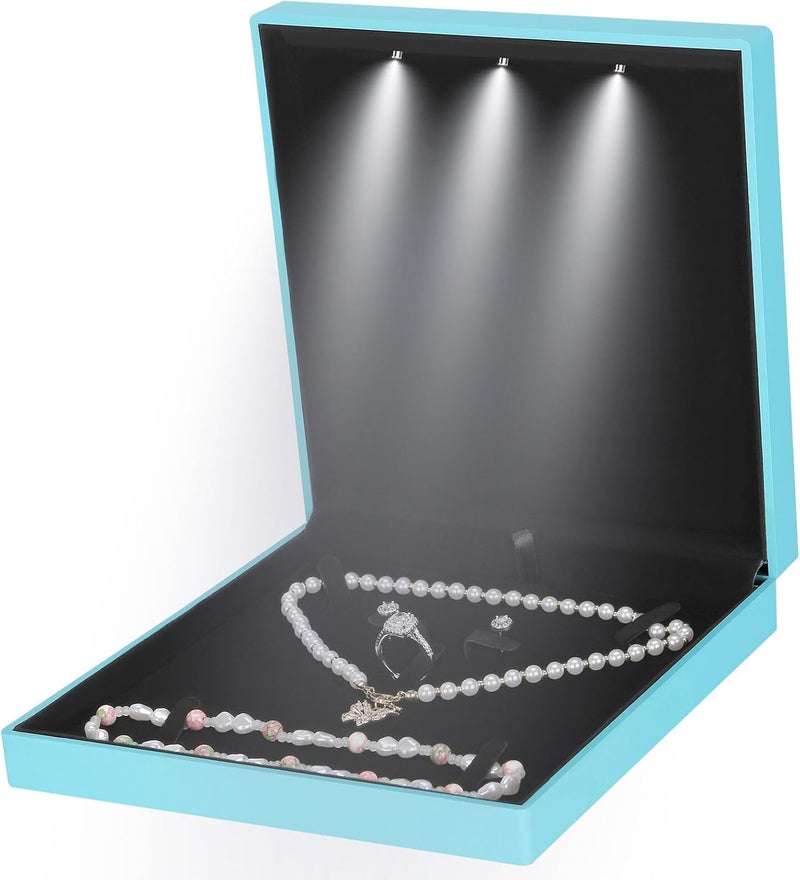 Large Velvet Jewelry Set Gift Box, Necklace Box With LED Light, Elegant Velvet Gift Box For Bracelet Necklace Earring Ring (Daphne Blue)